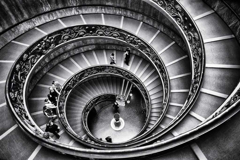stairway, spiral, monochrome