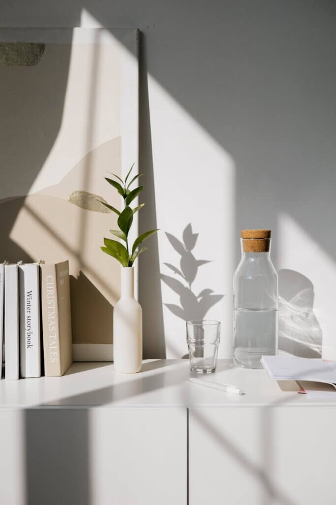 A modern minimalist setup featuring books, a vase, and a carafe on a sunlit shelf.